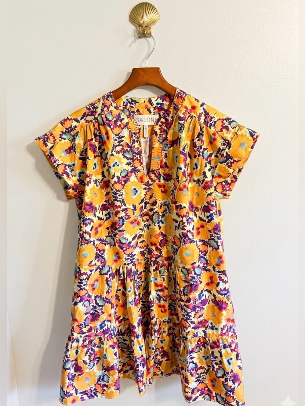 Saloni Floral Tiered Cotton Mini Dress 4 Purple Split Neck Boho Anthropologie